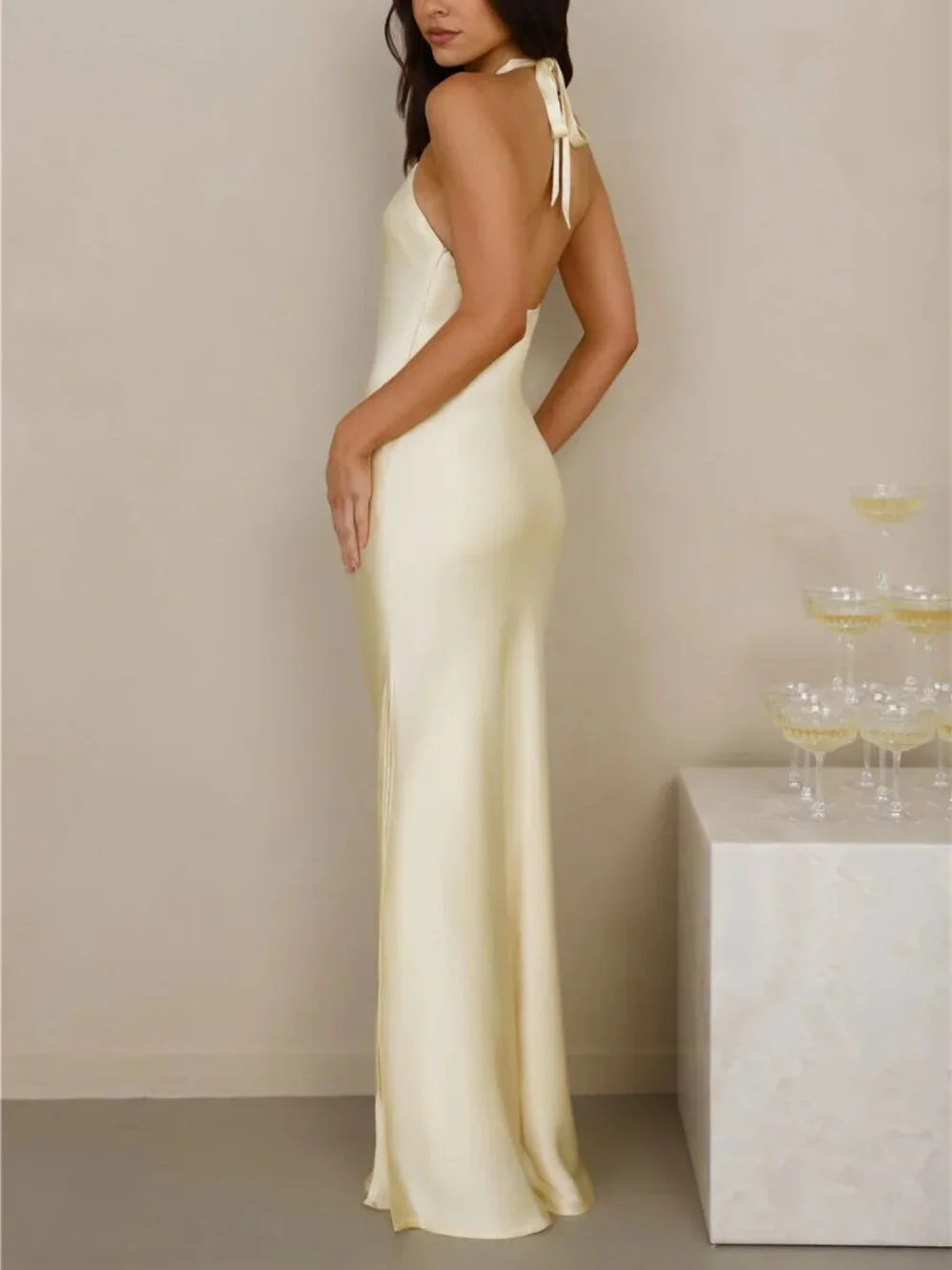 The Delilah Satin Halter Maxi Dress - Butter Yellow - Hello Molly - Picture 7 of 12